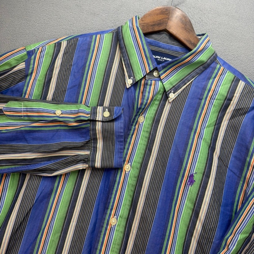 VTG Ralph Lauren Golf Striped Button Down Shirt Custom Fit Men L Blue Green Pony